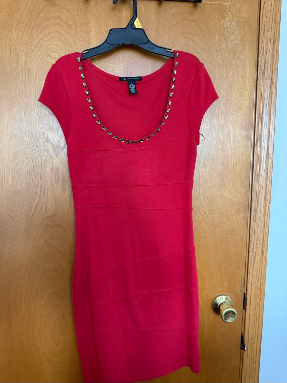 INC International Concepts Red Stud-Trim Scoop Neck Mini Dress